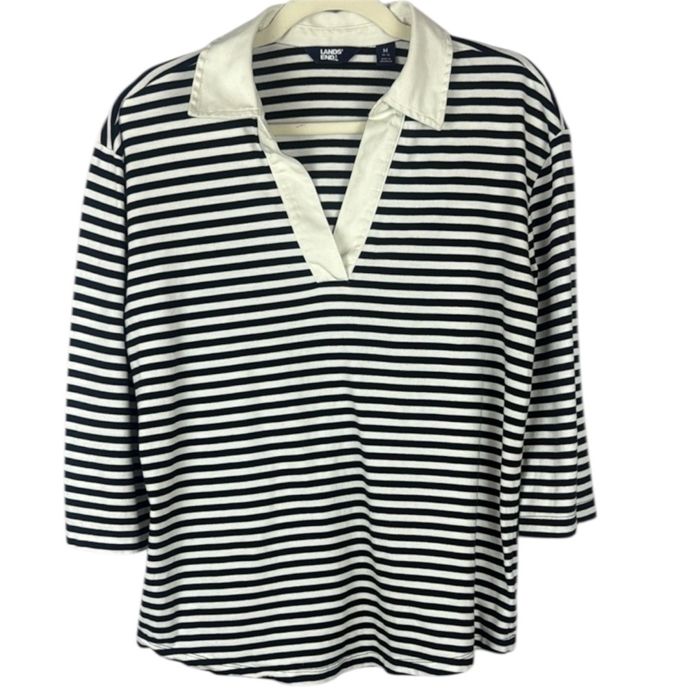 Lands' End Super T Collared Popover 3/4 Sleeve Pale Petal Even Stripe Top Size M